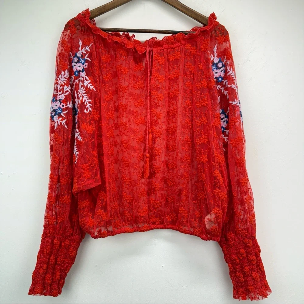 Free People size Large Women's Red Jubilee Floral Embroidered Sheer Lace Top